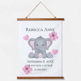 Persoonlijke Geboorte Stats Baby Olifant Roze Grij Hangend Wandkleed