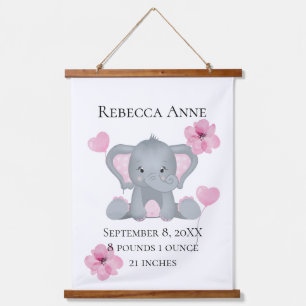 Persoonlijke Geboorte Stats Baby Olifant Roze Grij Hangend Wandkleed