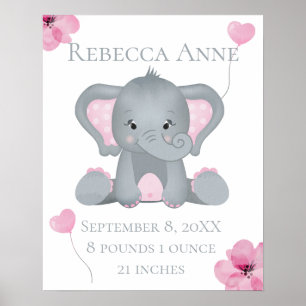 Persoonlijke Geboorte Stats Baby Olifant Roze Grij Poster