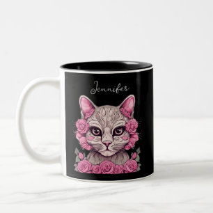 Persoonlijke geboortebloem mok met kat en roze roz