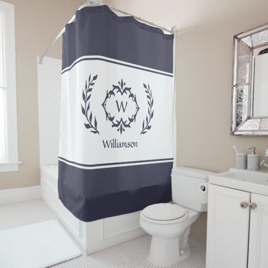 Persoonlijke Geborduurde Naam Initiaal Blauw Wit Douchegordijn (In situ)