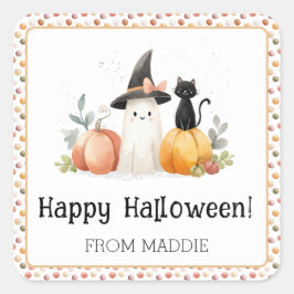 Persoonlijke Geest en Zwarte Kat Halloween Vierkante Sticker