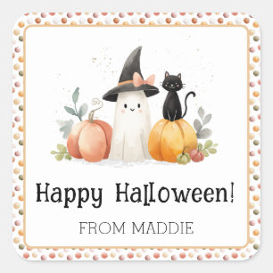 Persoonlijke Geest en Zwarte Kat Halloween Vierkante Sticker