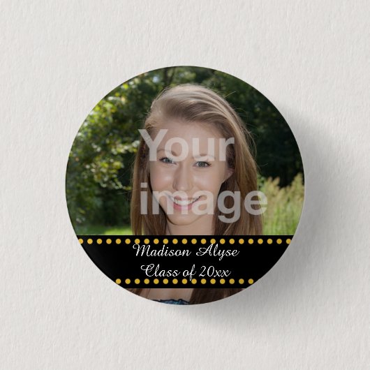 Persoonlijke gele foto afstudeerjaar knop ronde button 3,2 cm (Voorkant)