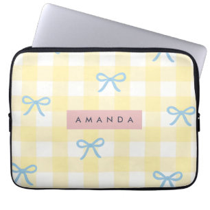 Persoonlijke Gele Gingham & Blauwe Strik Pastel Laptop Sleeve