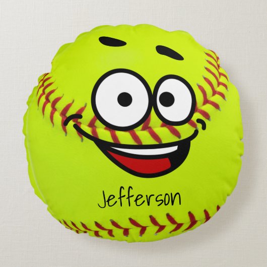 Persoonlijke Gele Softbal grappig gezicht Rond Kussen (Voorkant)