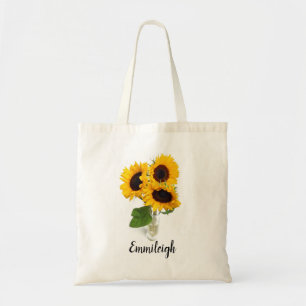 Persoonlijke gele zonnebloem in vaas tote bag