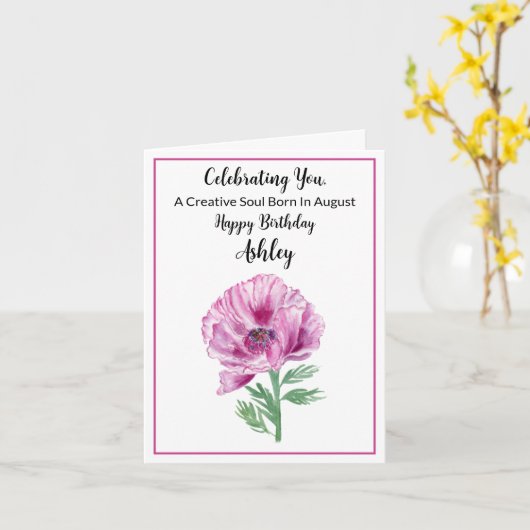 Persoonlijke Gelukkige augustus verjaardag paarse  Kaart (Gele Bloem)