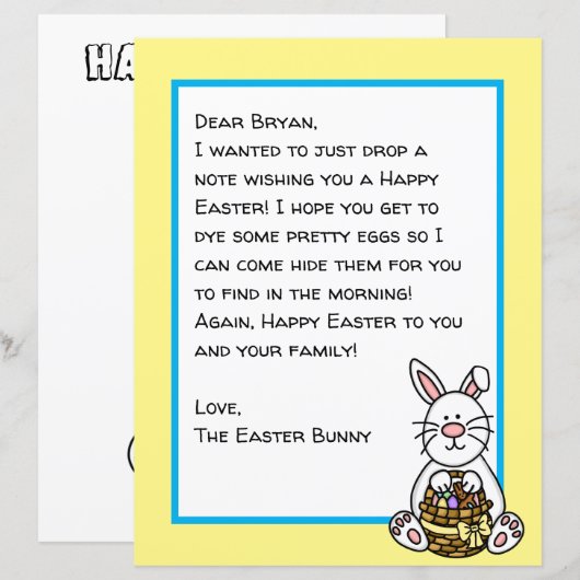 Persoonlijke gelukkige Pasen konijn brief (Voorkant / Achterkant)