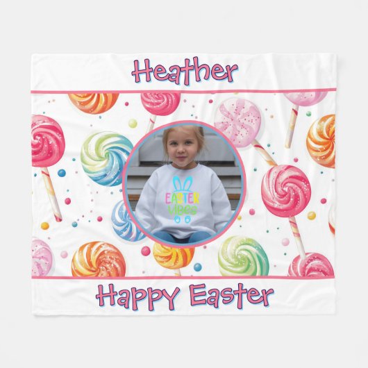 Persoonlijke gelukkige Pasen Lollypop Candy Foto Fleece Deken (Voorkant (Horizontaal))