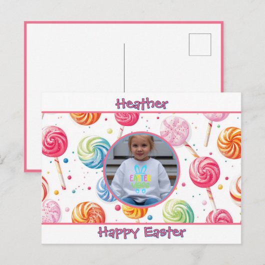 Persoonlijke gelukkige Pasen Lollypop Snoep Foto Briefkaart (Voorkant / Achterkant)