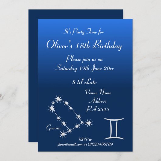 Persoonlijke Gemini Sterrenbeeld Galaxy Feestuitno Kaart (Voorkant / Achterkant)