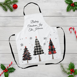 Persoonlijke geruite kerstbomen familienaam schort