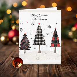 Persoonlijke geruite kerstboom familienaam kaart