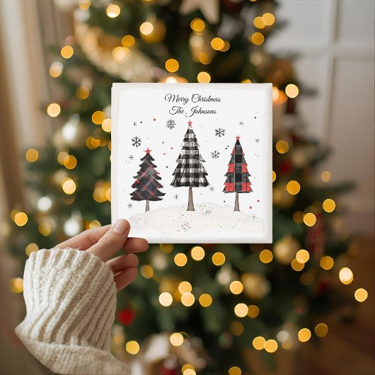 Persoonlijke geruite kerstboom familienaam kaart