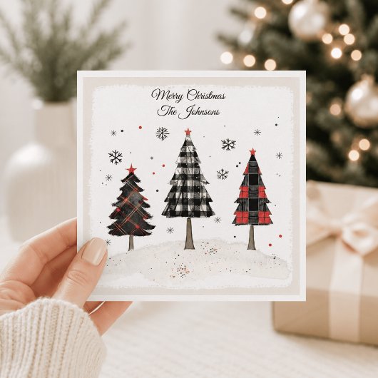 Persoonlijke geruite kerstboom familienaam kaart