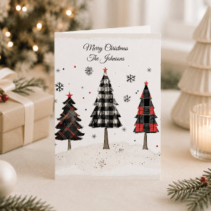 Persoonlijke geruite kerstboom familienaam kaart
