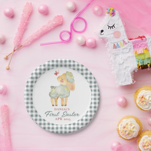 Persoonlijke geruite kleine lam Mijn eerste Pasen Papieren Bordje (Feest)