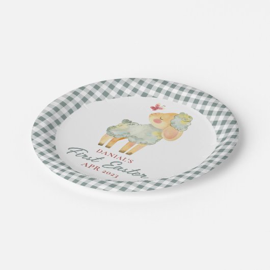 Persoonlijke geruite kleine lam Mijn eerste Pasen Papieren Bordje (Gekanteld)