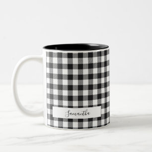 Persoonlijke geruite zwart-wit rustieke gingham mo tweekleurige koffiemok