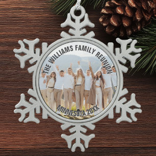 Persoonlijke gezelfgemaakte familiebijeenkomst fot tin sneeuwvlok ornament