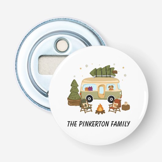 Persoonlijke gezellige kerstcamper button flesopener (Voorkant)