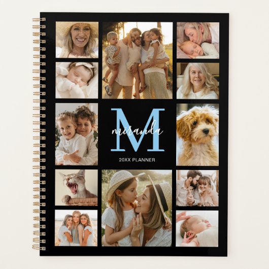 Persoonlijke gezinsfotocollage blauwe monogram planner (Voorkant)