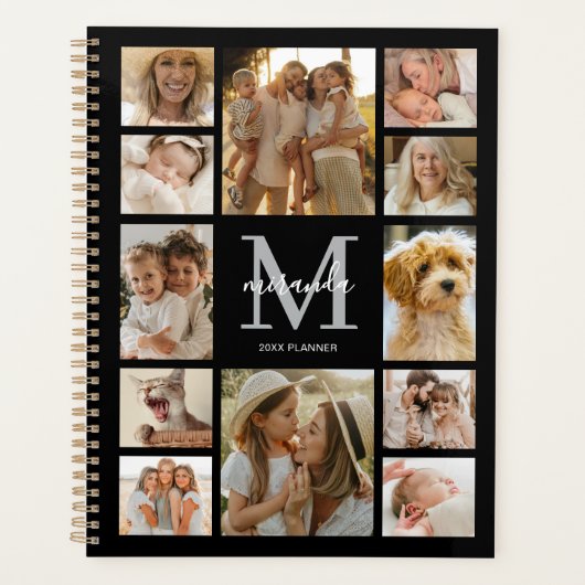 Persoonlijke gezinsfotocollage grijze monogram planner (Voorkant)