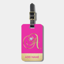 Persoonlijke Girl Hot Pink Gold Monogram Letter A Bagagelabel