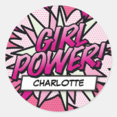 Persoonlijke GIRL POWER Leuk stripboek Roze Ronde Sticker (Voorkant)