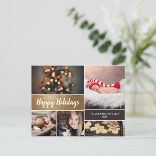 Persoonlijke Gold Photo Collage Kerstmis Feestdagenkaart (Staand voorkant)