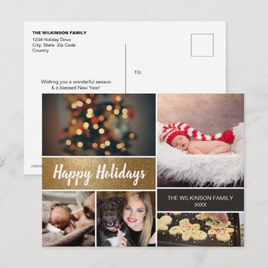 Persoonlijke Gold Photo Collage Kerstmis Feestdagenkaart (Voorkant / Achterkant)