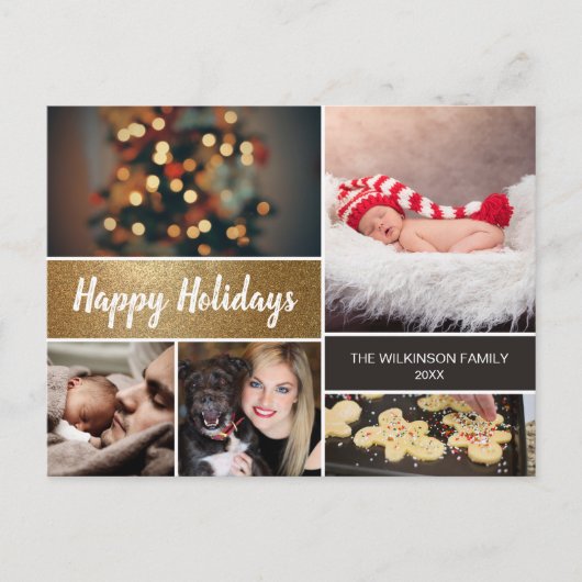 Persoonlijke Gold Photo Collage Kerstmis Feestdagenkaart (Voorkant)