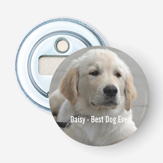 Persoonlijke Golden Retriever Dog Foto en naam Button Flesopener (Voorkant)