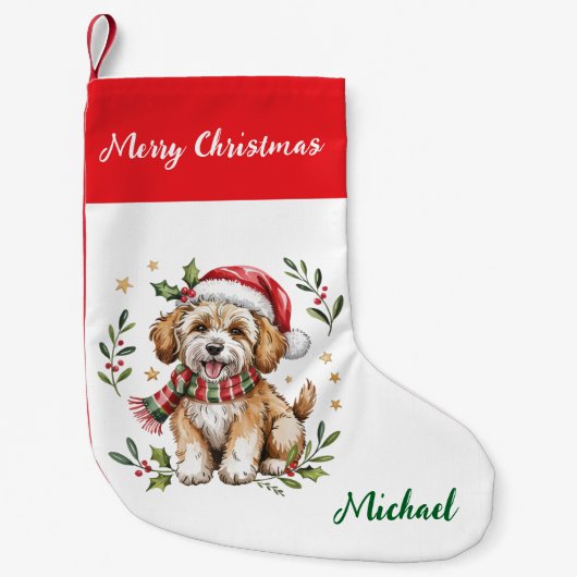 Persoonlijke Goldendoodle-hond in kerstmuts Kleine Kerstsok (Voorkant)