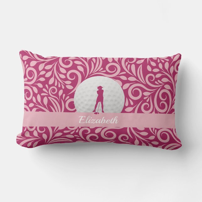 Persoonlijke Golf Dames Golfer Silhouet Roze Monog Kussen (Voorkant)