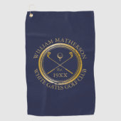 Persoonlijke Golfclub Naam Navy Blauw En Goud Golfhanddoek (Voorkant)