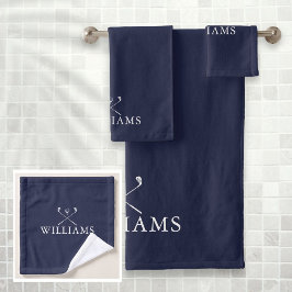 Persoonlijke golfclubs met naam in marineblauw bad handdoek