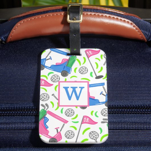 Persoonlijke Golfkar Monogram / Roze & Blauwe Golf Bagagelabel (Voorkant Insitu 2)