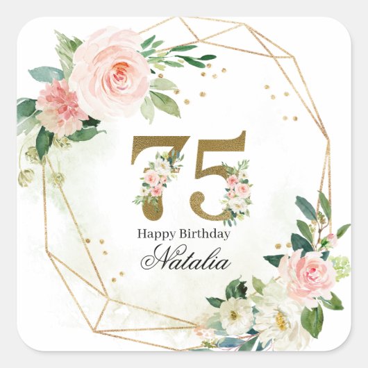 Persoonlijke Gouden & Bloem 75e Aangepaste Vierkante Sticker (Voorkant)