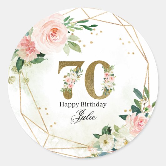 Persoonlijke Gouden & Bloemige Aangepaste 70ste Ronde Sticker (Voorkant)