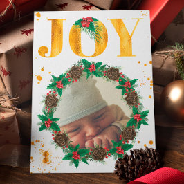Persoonlijke gouden foto van baby's eerste kerst aankondiging