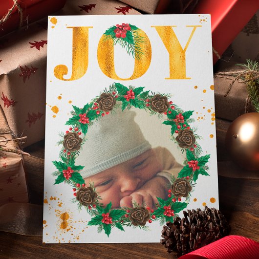 Persoonlijke gouden foto van baby's eerste kerst aankondiging