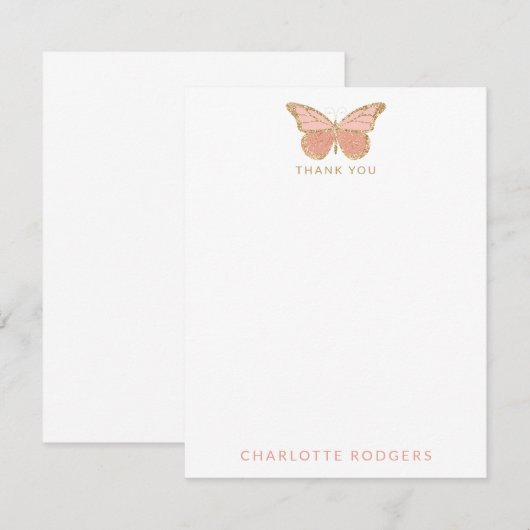 Persoonlijke gouden glinsterende roze vlinder  bedankkaart (Voorkant / Achterkant)