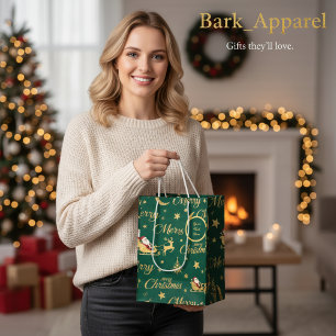 Persoonlijke Gouden Glitter Kerstman Slee en Rendi Medium Cadeauzakje