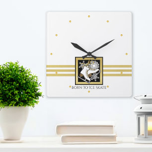 Persoonlijke Gouden Glitter Zwart Witte IJsschaats Vierkante Klok
