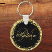 Persoonlijke Gouden Glitter Zwarte Glam Sleutelhanger (Voorkant)