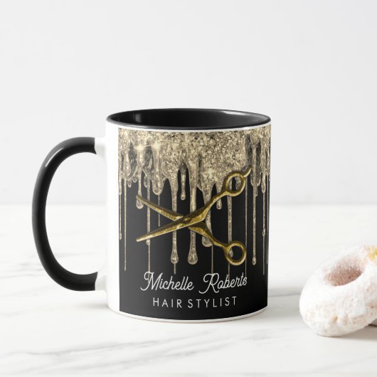 Persoonlijke gouden glitterschaar kapsalon mok (Met donut)