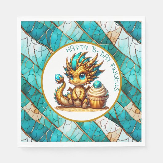 Persoonlijke gouden turkoois draak jongens verjaar servet (Voorkant)