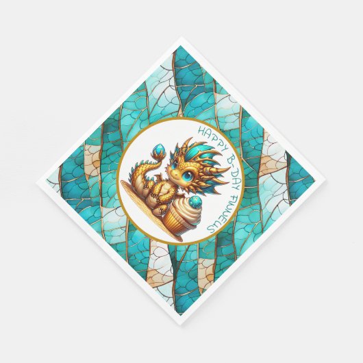 Persoonlijke gouden turkoois draak jongens verjaar servet (Hoek)